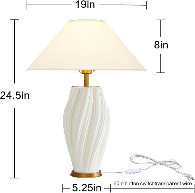 Modern Plug in Ceramic Table Lamps 24.5In, White Textured Table Lamp Tables Decorative for Living Room Bedroom Bedside Nightstand Room Office - Bloomnest