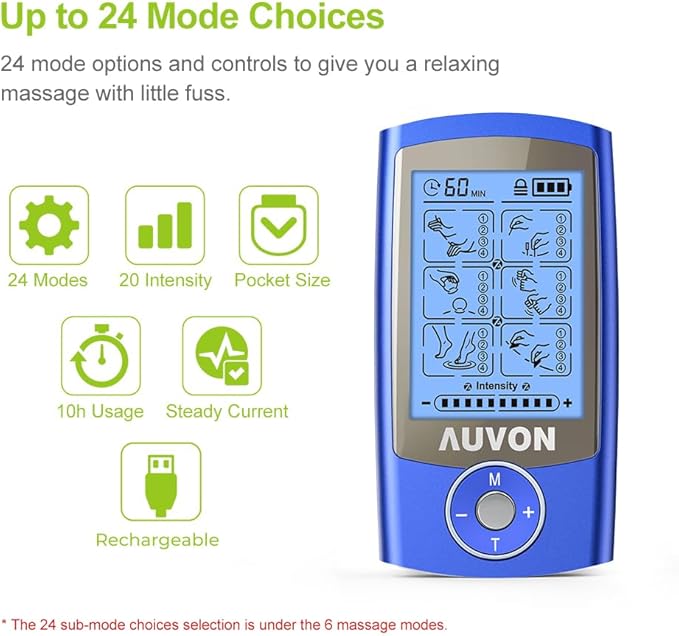 AUVON Rechargeable TENS Unit Muscle Stimulator, 24 Modes 4th Gen TENS Machine with 8pcs 2"x2" Premium Electrode Pads for Pain Relief AUVON
