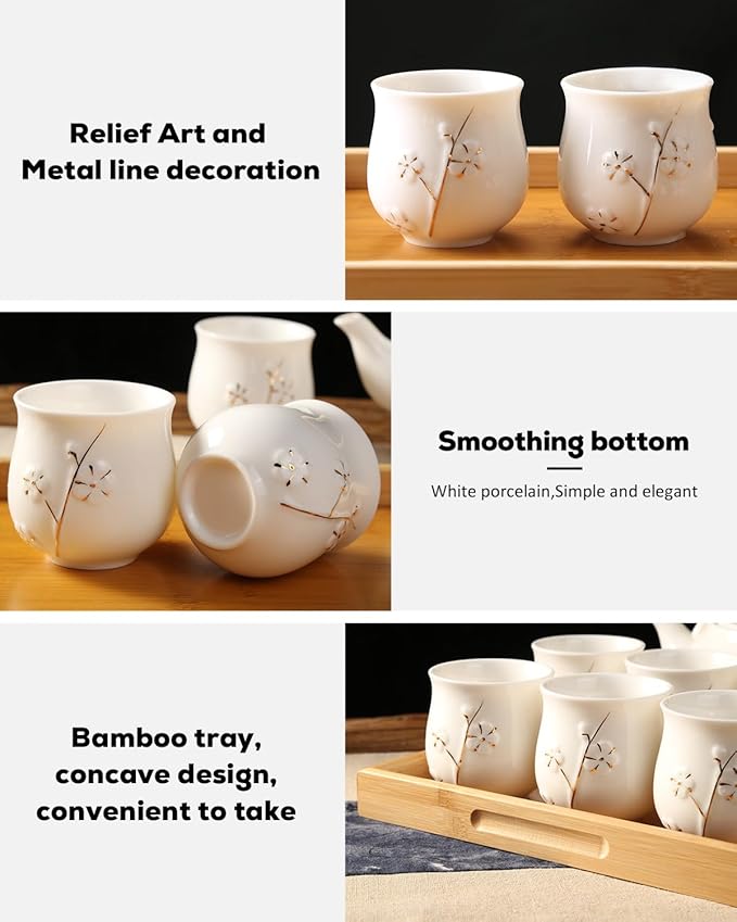 Dujust Japanese Tea Set, White Porcelain Tea Set with 1 Teapot Set, 6 Tea Cups, 1 Tea Tray, 1 Stainless Infuser, Cute Asian Tea Sets for Adults/Tea Lover/Women/Men (Plum in Golden) - Bloomnest