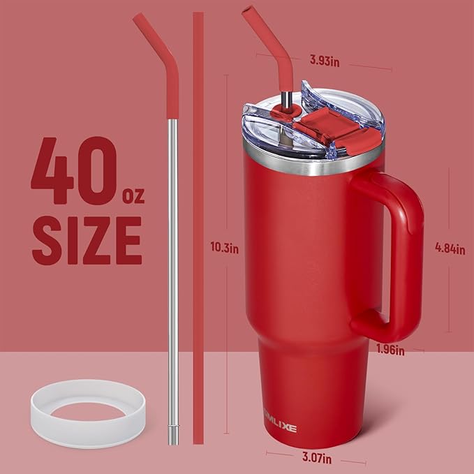 40 oz Tumbler with Handle and Straw Lid,Insulated Reusable Stainless Steel Water Bottle Travel Mug，Cupholder Friendly Double Wall Vacuum Sealed Cup (Cherry Red) - Bloomnest