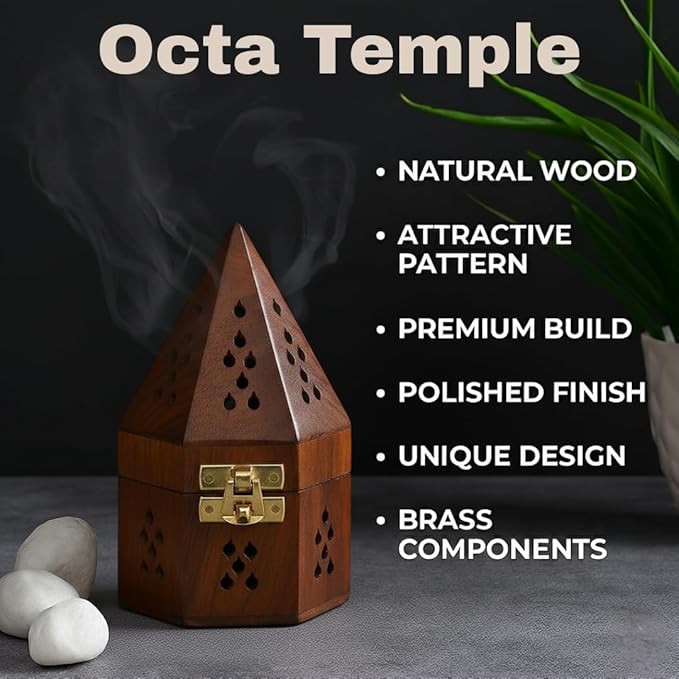 Bless-International Traditional-Handmade-Burner Wooden-Incense-Stick-Holder Ash-Catcher-Stand for-Aromatherapy-Meditation-Yoga (5 Inch Octa Temple Wooden Charcoal/Cone) - Bloomnest