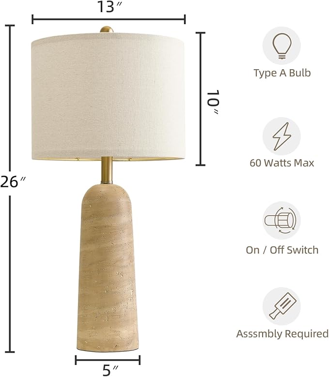 BOBOMOMO 27.25" Modern Table Lamp Set of 2, Beige Resin Lamp with Natural Stone Look, Travertine Lamps for Living Room with Linen Shades, Bedside Lamp for Bedroom, Living Room, Nightstand, Entryway - Bloomnest