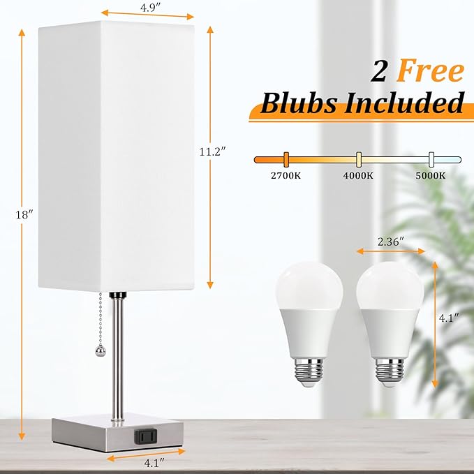 Table Lamp for Bedroom set of 2,3-Color Bedside Lamps with Pull Chain Table Lamps for Nightstand with AC Outlets,18'' Night Light Lamps with 2 Bulbs Lamps for Living Room Kids Office Decor（Nickel） - Bloomnest