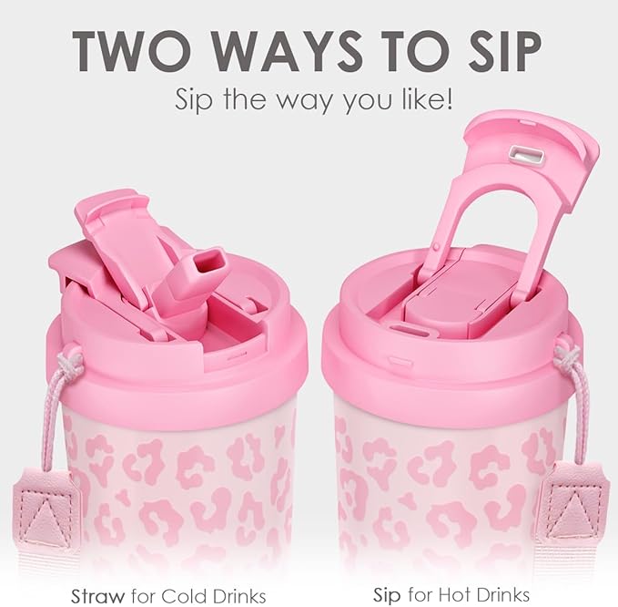 Leopard Tumbler - Stainless Steel 2-in-1 Lid Coffee Tumbler 18 oz, Leopard Print Insulated Travel Mug Gift for Women Girls Teens, Birthday Christmas (Pink) - Bloomnest