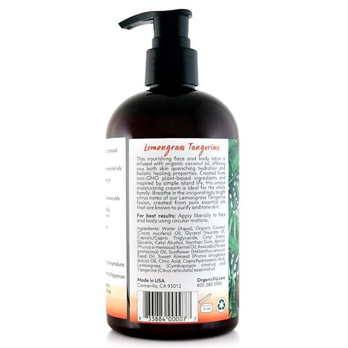 Coco Fiji Face & Body Lotion Infused With Coconut Oil | Lotion for Dry Skin | Moisturizer Face Cream & Massage Lotion for Women & Men | Lemongrass Tangerine 12 oz, Pack of 1 - Bloomnest