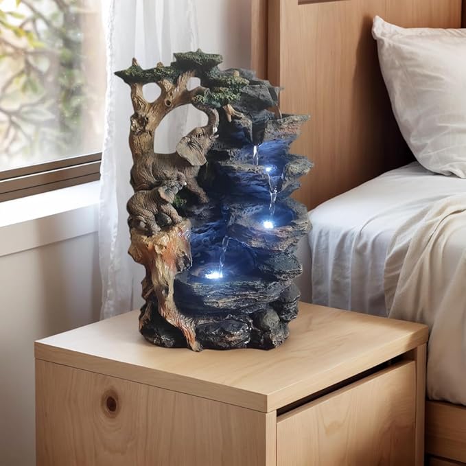 Water Fountain Indoor, Desktop Fountain Waterfall,Elephant Sculpture Layered LED Lighting. Indoor Office and Home Decorations Suitable for Creating a Peaceful Atmosphere. - Bloomnest