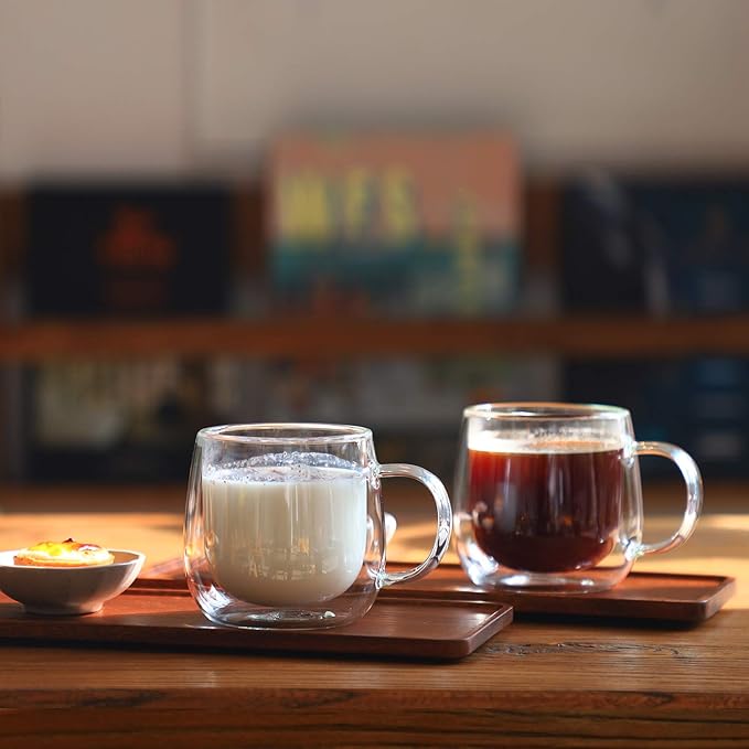 CNGLASS 10oz Double Walled Glass Coffee Mugs(2-pack),Clear Coffee Cups with Handle,Glass Espresso Mugs for Latte,Cappuccino,Tea - Bloomnest