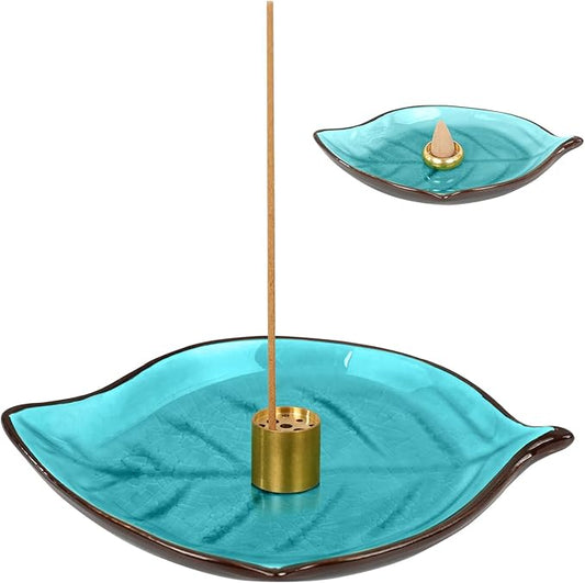 Incense Holder for Sticks (9 Holes) and Cones, Handmade Ceramic Incense Ash Catcher for Meditation, Yoga, SPA Days, Relaxing, Home Decor, Candle Holder, Easy to Clean, Leaf-Shape (Blue) - Bloomnest