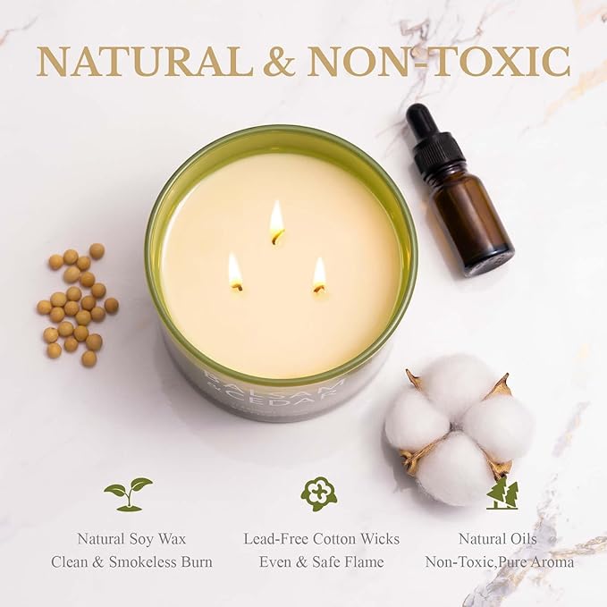 Balsam Cedar Candle, Large 3 Wick 12oz Soy Scented Candle, Luxury Christmas Birthday & Holiday Gift for Women & Men, Long Lasting 60+ Hour Clean Non-Toxic Burn, Elegant Winter Home Decor - Bloomnest