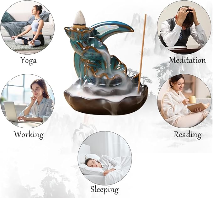 Ceramic Incense Holder Set, Creative Moon Waterfall Incense Holder Backflow Incense Burner with 20 Backflow Incense Cones +30 Incense Sticks+1 Tweezers+1 Mat Aromatherapy Decorations for Home (Blue)