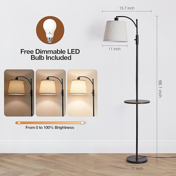 AIDENOEY Fully Dimmable Floor Lamp for Living Room，Standing Lamp Rotary Switch with Table&Linen Beige Shade，Black Tall Lamps for Bedroom with Adjust Head，9W LED Bulb Included - Bloomnest