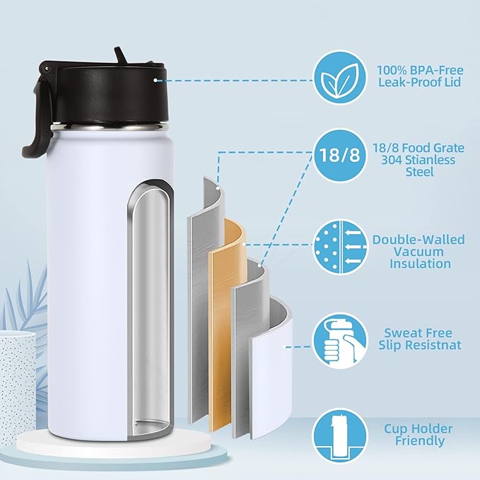 Volhoply 16 OZ Kids Water Bottle Bulk 8 Pack,Insulated Sports Bottles with Straw Lid,Stainless Steel Bottle with Handle Keep Cold & Hot,Double Wall Vacuum Tumbler Cups for School(Eight Color, 8) - Bloomnest