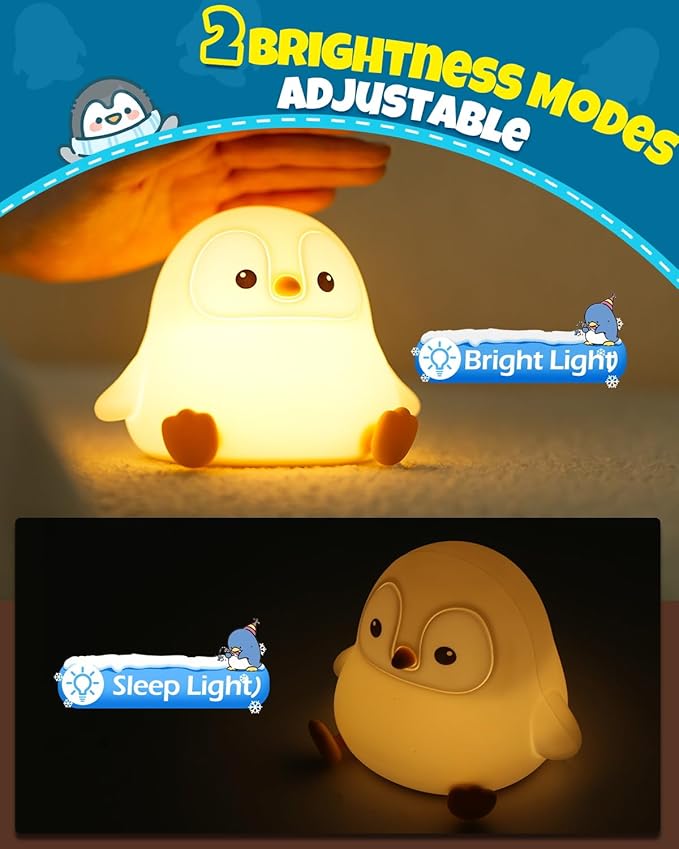 Cute Penguin Night Light, Animal Lamp, Food Grade Silicone, Rechargeable, 2 Level Dimmable, Squishy Nursery Nightlight for Desk Decor, Funny Gifts Stuff for Boys Girls Baby, White Elephant Gifts - Bloomnest