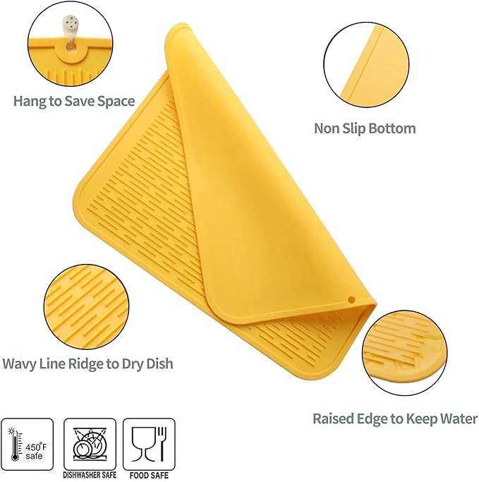Silicone Dish Drying Mat for Multiple Usage,Easy clean,Eco-friendly,Heat-resistant Silicone Mat for Kitchen Counter or Sink,Refrigerator or Drawer Liner Yellow XL 18 inches x 16 inches - Bloomnest