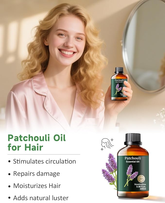 Pure Patchouli Essential Oil, Mumianhua Natural Patchouli Oil for Diffuser, Perfume, Skin,Hair, Soap Making, Room Spraying,Earthy Grounding, Outdoor Protection 3.38 Fl Oz - Bloomnest