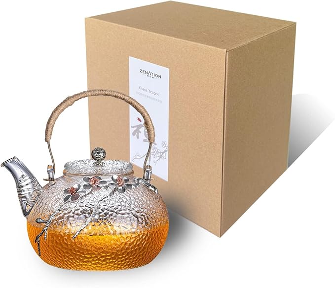 ZENATION Japanese Style hammered glass exquisite 900ml tea pot, with tin and copper plum blossom decoration