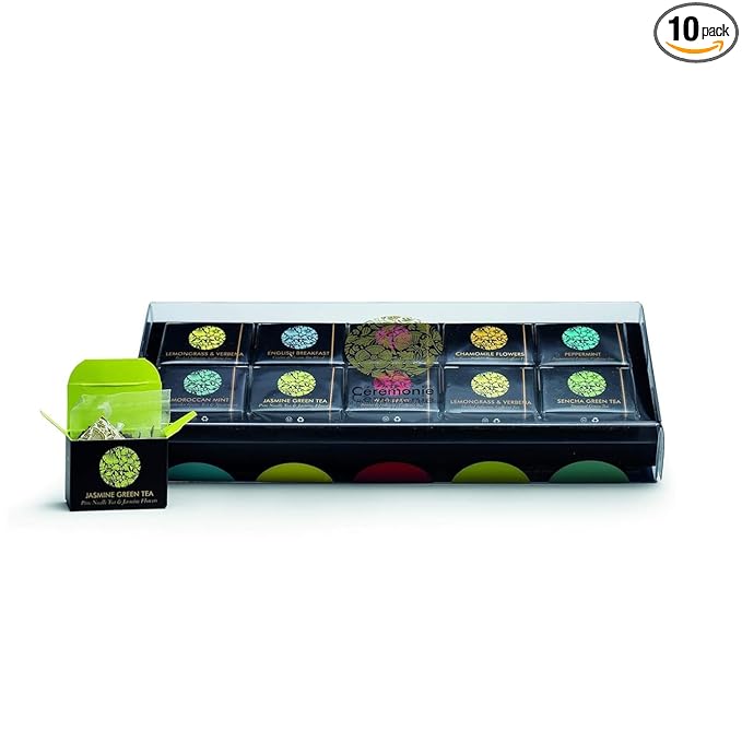 Ceremonie Tea Herbal Variety Pack - Kosher Set with Reusable Wooden Tray - Assorted Sampler With 10 Individually Wrapped Silky Mesh Bags - Single Serve Pouches - Bloomnest