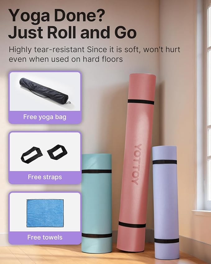 YOTTOY Large Yoga Mat (75 * 52 * 1/2inch),Extra Wide TPE Exercise Mat,Non-Slip Workout Mat for Pilates, Fitness, Barefoot, Home Gym Studio with Strap and Towel - Bloomnest