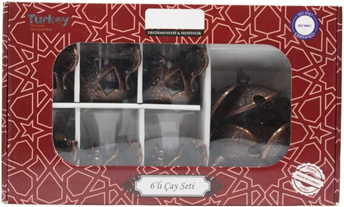 Alisveristime Handmade Turkish Tea Glass Set - Traditional Turkish Motifs, Set of 6 with Lids and Bonus Tea Spoons (Copper)