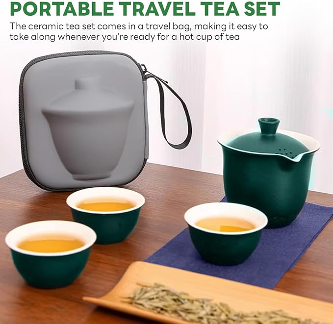 Portable Chinese Tea Set，Gongfu Kung Fu Tea Set，Porcelain Teapot & Teacups with Travel Bag for Travel Home Gifting Outdoor and Office（Green）