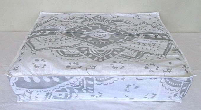 24" White Silver Flower Mandala Barmeri Large Floor Pillow Cover Cushion Meditation Seating Ottoman Throw Cover Hippie Decorative Zipped Bohemian Pouf Ottoman Pom Pom Cases (Silver, 24 " square) - Bloomnest
