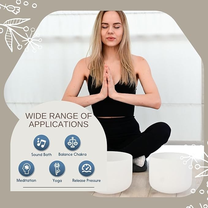 6-12inch Chakra Symbol Design 432hz Quartz Crystal Singing Bowls Set of 7, for Healing Mindfulness Meditation Yoga Sound Baths with Case Mallet Suede Striker - Bloomnest