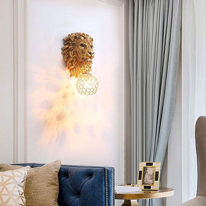 Gold Wall Sconce Baroque Style Crystal Wall Sconces Resin Lion Head Design Luxury Glass Wall Mount Light Fixture Indoor Vintage Sconces Wall Lighting for Living Room Hallway Stairway Bedroom - Bloomnest