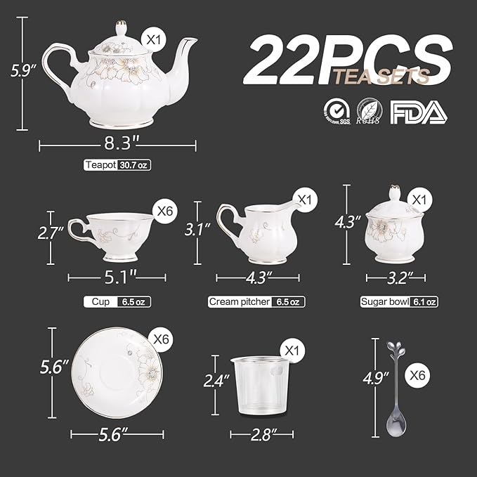 CHENP.HMC Tea Set 22-Piece Porcelain Ceramic Coffee Tea Gift Sets Cups Saucer Service for 6 Teapot Sugar Bowl Creamer Pitcher and Teaspoons (WHITE3) - Bloomnest