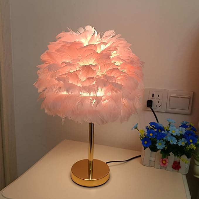 ZYLEIESENBAO Pink Feather Lamp Cute Romantic Goose Feather Table Lamp Furry Nightstand Light with Gold Base Bedside Lamp for Girl Bedroom Wedding Living Room Hotel Decorative - Bloomnest