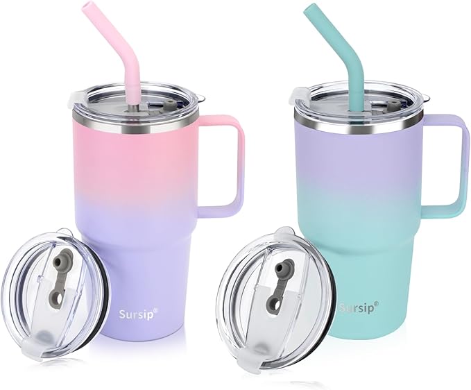 Sursip Kids 24 oz Insulated Cup with Handle, Double Wall Vacuum Stainless Steel Tumbler with Straw and 2 Lids, for Cold/Hot Drinks, Coffee Travel Mug for Car/Home/Office/Party/Camping (2 Pack) - Bloomnest