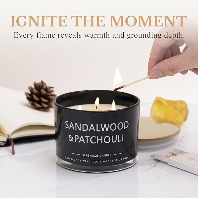 Patchouli Amber Candle, Large 3 Wick 12oz Soy Candle for Home Scented, Luxury Elegant Jar Candle Gift for Women & Men, Long-Lasting Non-Toxic Burn 60+ Hours, Warm Earthy Aromatherapy Home Décor - Bloomnest