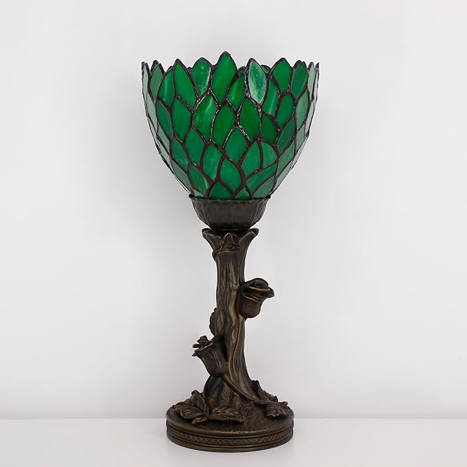 Small Tiffany Lamp Mini Stained Glass Table Lamp Green Wisteria Accent Desk Uplight W6 H13.5 Inch Bronze Resin Base - Bloomnest