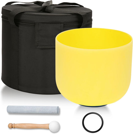 432HZ 8 Inchs E Note Yellow Frosted Crystal Singing Bowl for Meditation Healing Yoga Chakra Quartz Crystal Sound Bowls with Heavy Duty Carry Case and Rubber Mallet,Suede Striker,O-rings