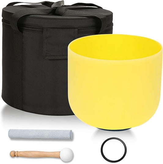 432HZ 8 Inchs E Note Yellow Frosted Crystal Singing Bowl for Meditation Healing Yoga Chakra Quartz Crystal Sound Bowls with Heavy Duty Carry Case and Rubber Mallet,Suede Striker,O-rings - Bloomnest