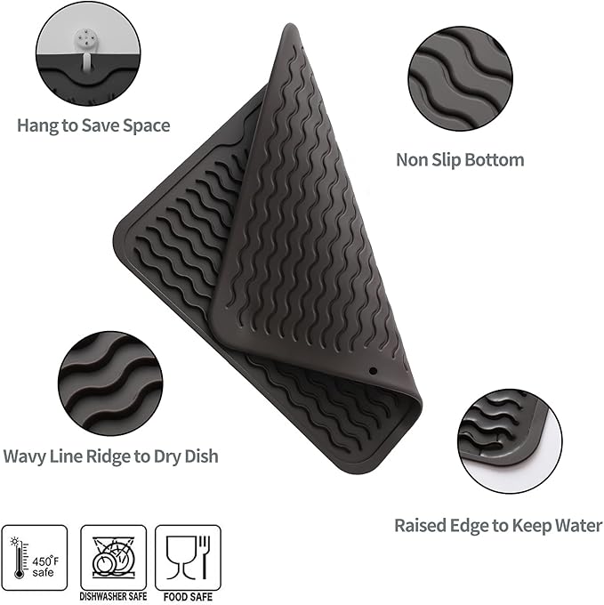 Silicone Dish Drying Mat for Multiple Usage,Easy clean,Eco-friendly,Heat-resistant Silicone Mat for Kitchen Counter or Sink,Refrigerator or Drawer liner Coffee M 12 inches x 12 inches - Bloomnest