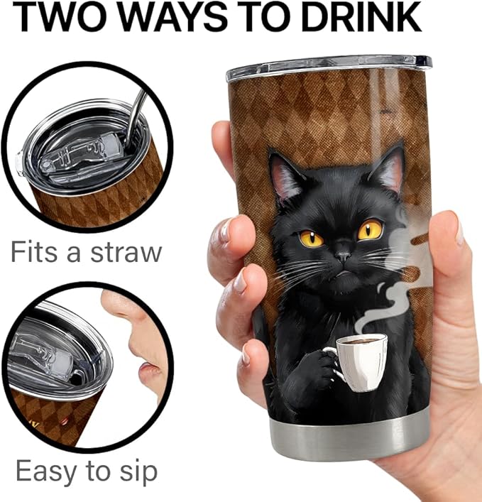 Black Cat Tumbler 20oz Stainless Steel Insulated Coffee Travel Mug Cup for Men Women on Birthday Christmas - Bloomnest
