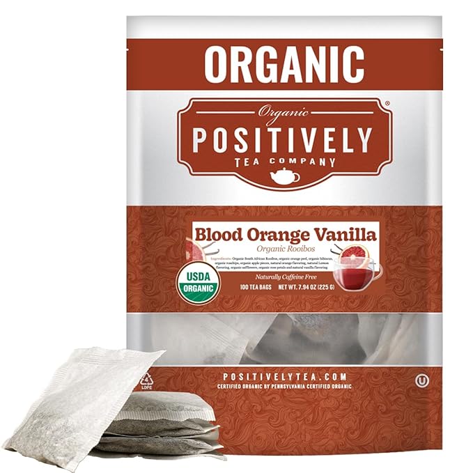 Organic Positively Tea Company, Blood Orange Vanilla Rooibos Tea Bags, 100 Count, Eco-Friendly Tea Bags, Non-GMO - Bloomnest