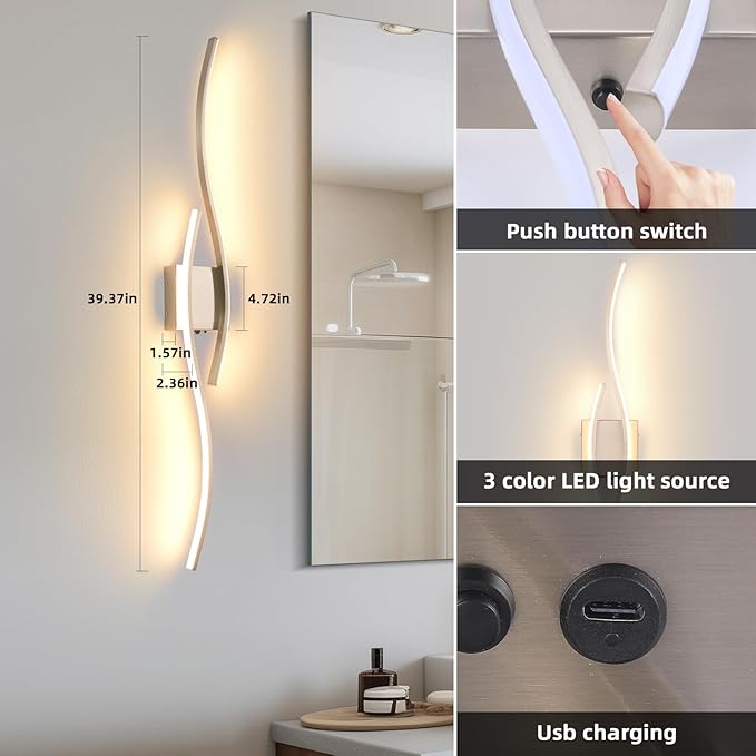 Battery Powered Wall Sconces Set of 2, Nickel 39" LED Dimmable Wall Sconce with Remote Control/Timer/Memory, USB Rechargeable Wall Lights for Living Room, Bedroom, Hallway Wireless scones Lighting - Bloomnest