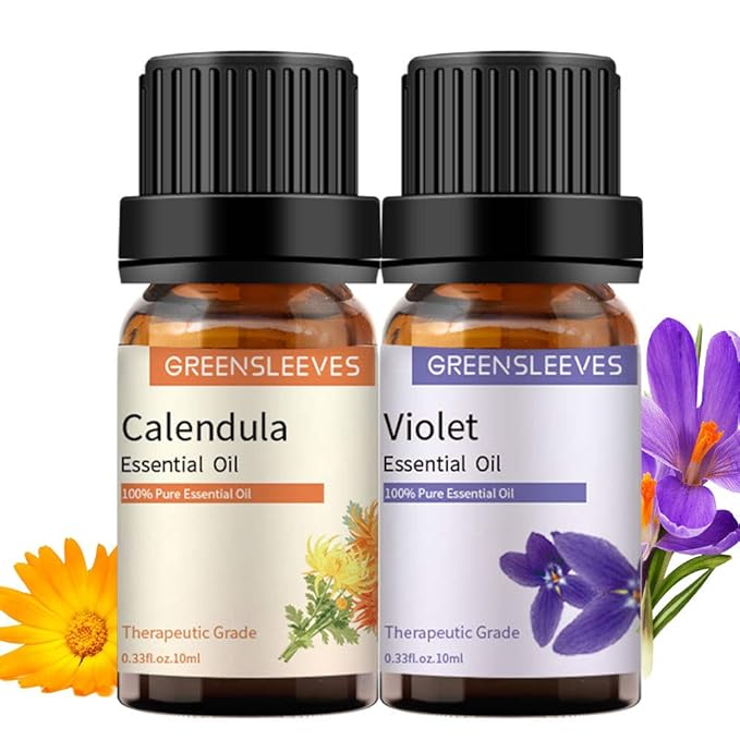 GREENSLEEVES Violet Calendula Essential Oil Set, 2 x 10ml Pure Plant-Based Fragrance Oil for Aromatherapy, Essential Oils for Diffuser, Massage, Bath Bomb, Scented Candle Soap Making GREENSLEEVES