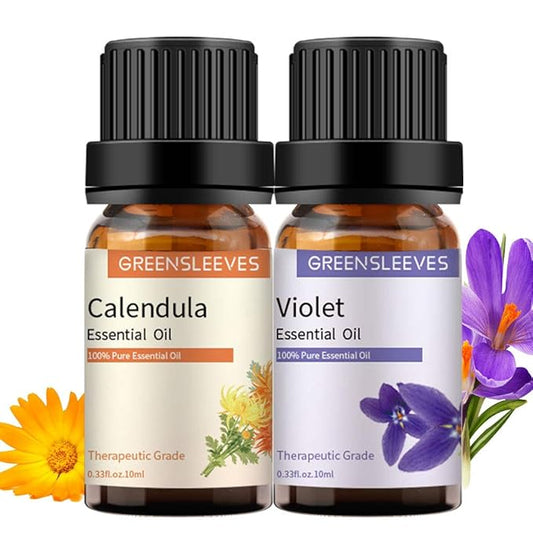 GREENSLEEVES Violet Calendula Essential Oil Set, 2 x 10ml Pure Plant-Based Fragrance Oil for Aromatherapy, Essential Oils for Diffuser, Massage, Bath Bomb, Scented Candle Soap Making GREENSLEEVES
