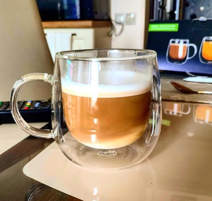CNGLASS 12oz Double Walled Glass Coffee Mugs(2-pack),Clear Coffee Cups with Handle,Glass Espresso Mugs for Latte,Cappuccino,Tea - Bloomnest
