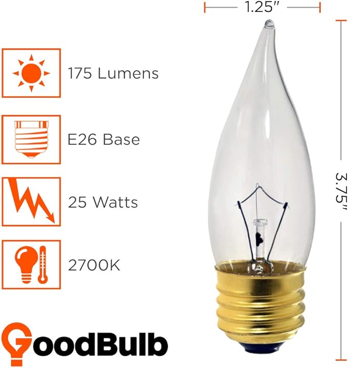 GoodBulb 25-Watt Incandescent Flame Tip Light Bulbs CA10 Clear Finish Medium E26 Base 2700K Warm White Color Dimmable 25W 175 Lumens Pack of 12 Bulbs - Bloomnest