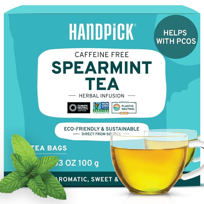 HANDPICK, Spearmint Tea Bags for PCOS relief (100 Herbal Tea Bags) |Refreshing Mint Tea | Non-GMO | Round Eco-Conscious Teabags - Bloomnest
