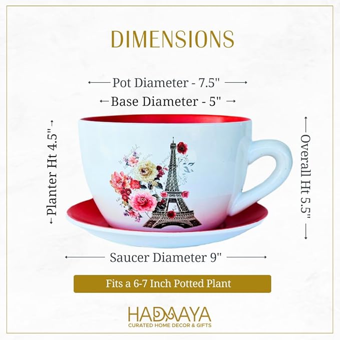 7.5" Ceramic Teacup Planter Pot with Saucer | Ideal for Succulents, Orchids, Herbs & Flowers | Indoor & Outdoor Use for Wedding & Home Decor & More - RED - Paris Eiffel Tower - Bloomnest
