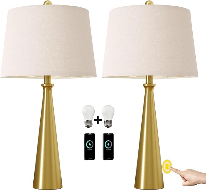 Oneach 25.75" 3-Way Dimmable Touch Control Modern USB Table Lamp Set of 2 for Living Room Bed Room Bedside Nightstand Lamps Fabric Shade Vintage Accent Light Gold Antique Brass - Bloomnest