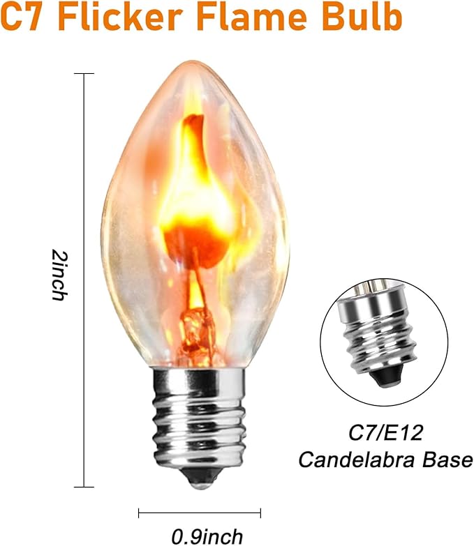 25 Pack C7 Christmas Flickering Flame Light Bulbs, 1W Clear Flicker Flame Candles Light Bulbs, E12 Candelabra Replacement Light Bulb for Christmas Electric Window Candles Chandelier Night Light - Bloomnest