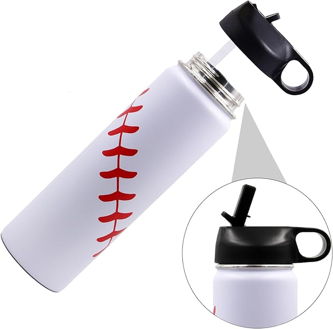 22 oz Baseball Water Bottle, Sports Flask Metal Travel Tumbler with 2 Lids, Stainless Steel Double Wall Vacuum Insulated Leak Proof Thermo Water Bottles, Baseball Accessories Gifts for Mom Boys Girls - Bloomnest