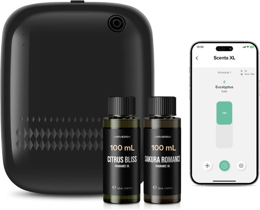 Airversa Waterless Essential Oil Diffuser (400 mL Capacity) Starter Kit 200mL Fragrance Scent Oils, Up to 2000 sq ft Aromatherapy Smart Scent Air Machine for Home, Large Room, Office, ANW Kit Black