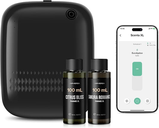 Airversa Waterless Essential Oil Diffuser (400 mL Capacity) Starter Kit 200mL Fragrance Scent Oils, Up to 2000 sq ft Aromatherapy Smart Scent Air Machine for Home, Large Room, Office, ANW Kit Black - Bloomnest