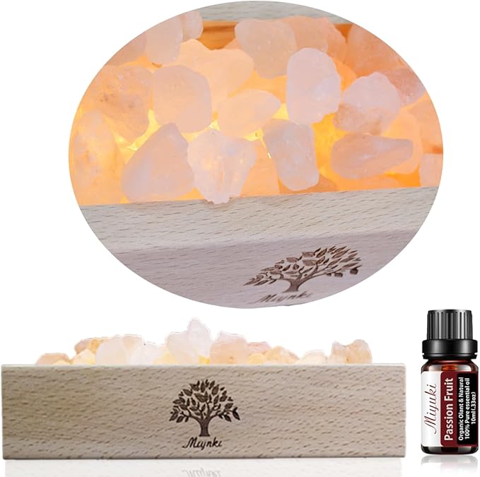 Himalayan Salt Lamp Diffuser - 300g Pink Salt with Wood Base, USB Powered, Warm Light & 10ml Passion Fruit Essential Oil Set for Aromatherapy, Relaxation, Meditation, Home Decor, Gifts